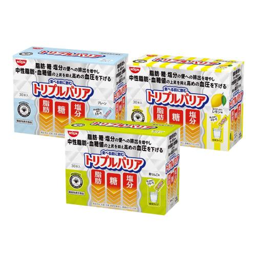 

Nissin Foods Triple Barrier Psyllium Flour, 3 Flavors, Assorted, 30 Sticks per Box, 3 Boxes (Green Apple, Lemon, and Plain), Fat, Sugar, Salt, Triglyc