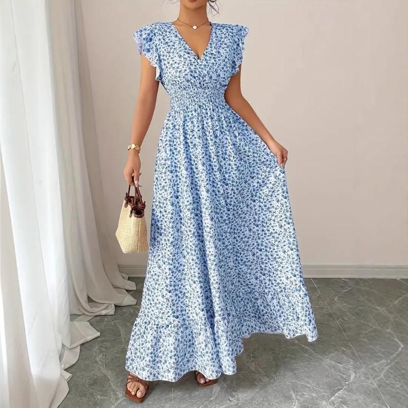 Summer Floral Printed Long Dress with Ruffled Short Sleeved V-neck Fashion Big Swing A-line Holiday Party Dress Elastic Waist Loose Casual Clothing