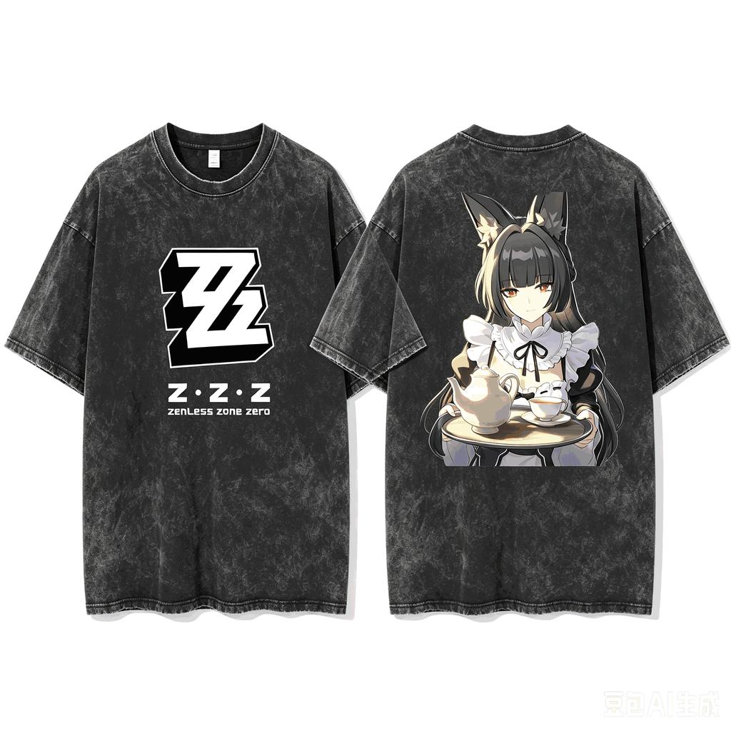 T-shirt Vintage Lavata a Girocollo a Maniche Corte con Stampa Fronte/Retro Aria Zenless Zone Zero per Uomo e Donna