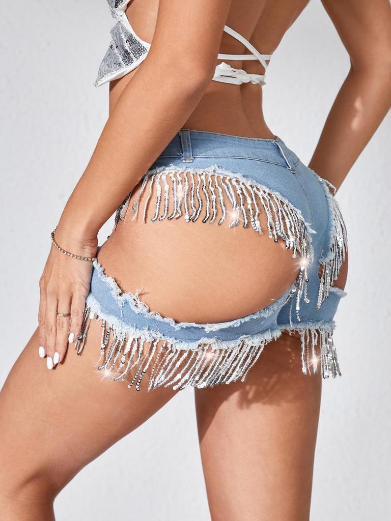 Hoge Taille Denim Shorts met Kwastjes, Pailletten en Scheuren voor Dames