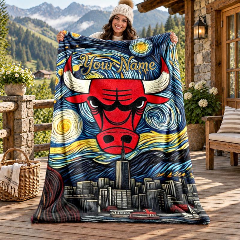 Chicago Bulls Custom Name Flannel Blanket Personalized Soft Warm Plush Throw Blanket Customized Gift for Family Friends