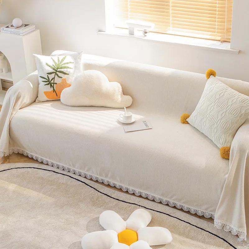 Anti-cat Stretches Sofa Towel Full Cover Chenille Lace Edge Knee Blanket Four Seasons Sofa Slipcover for Home Decor Nap Blanket