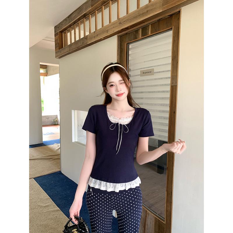 Summer 2026 Plus-Size Women s Sweet Style Lace Patchwork Two-In-One Short Sleeve T-Shirt 3XL