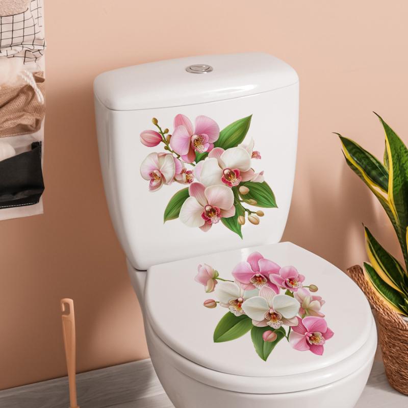 2Pcs Creative Rose Flower Waterproof Toilet Sticker Bathroom Wall Background Decal Home Decoration Self-adhesive Posters