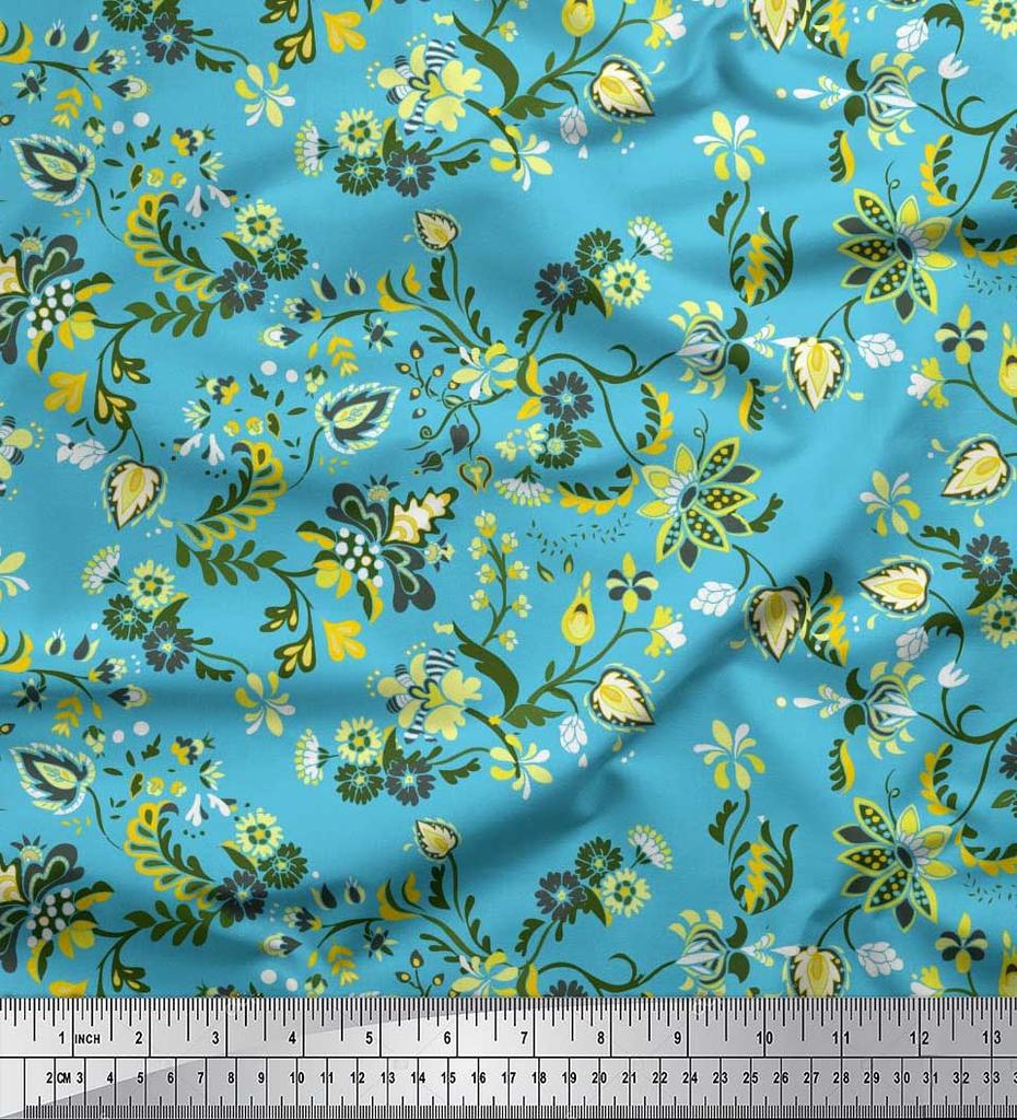 Soimoi Japan Crepe Satin Fabric Leaves & Floral Artistic Decor Fabric Printed Metre 42 Inch