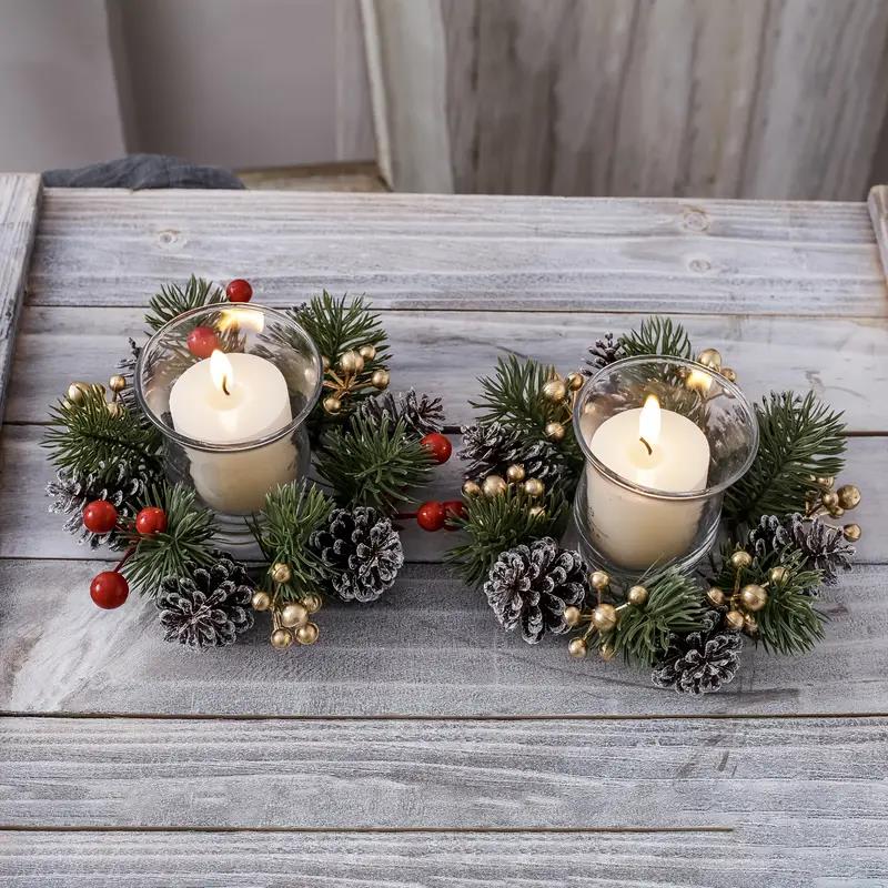 1/2pcs Christmas Candle Holders with Artificial Pine Branches & Berries New Year Home Table Decoration DIY Candle Wreath Gifts