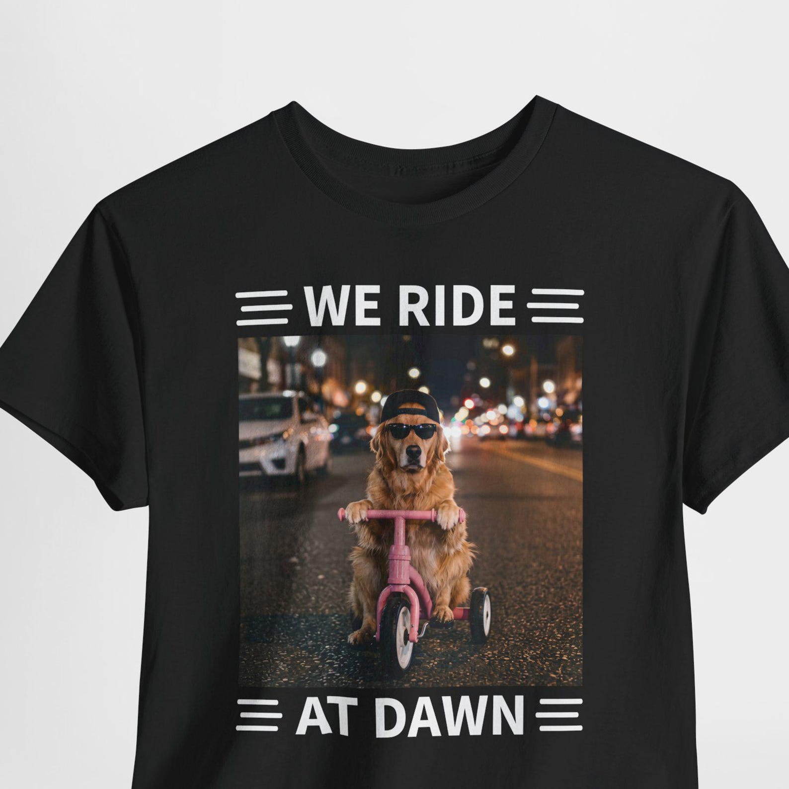 We Ride at Dawn Funny Golden Retriever Riding Tricycle Chaotic Meme T-Shirt, Golden Retriever Dog Lover Tee, Funny Retriever Gift L