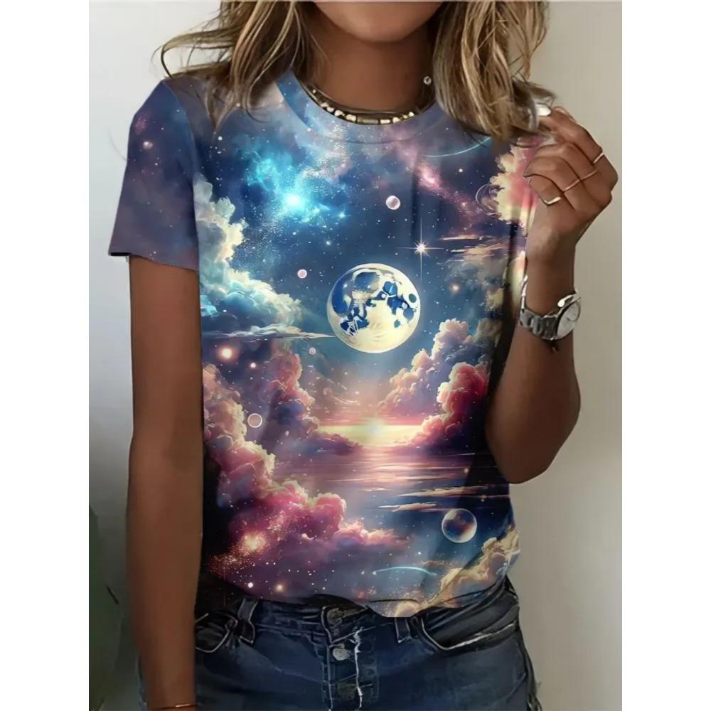 Ladies Fashionable Comfortable Printed T-shirt Colorful Starry Sky Patterns Loose Breathable Large Size Short Sleeved T-shirt