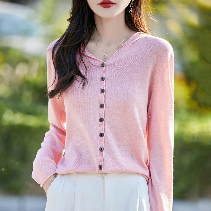 Tencel Linen Hooded Knit Cardigan - Women's Long Sleeve Solid Color Loose Fit Top