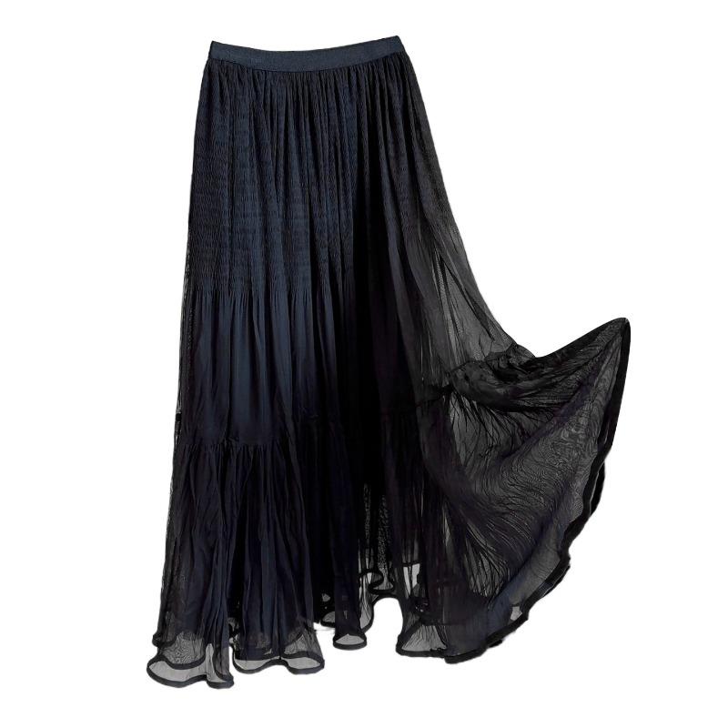 New high-end pleated mesh stitching A-shaped skirt women's autumn elastic waist solid color versatile medium and long fairy skirt