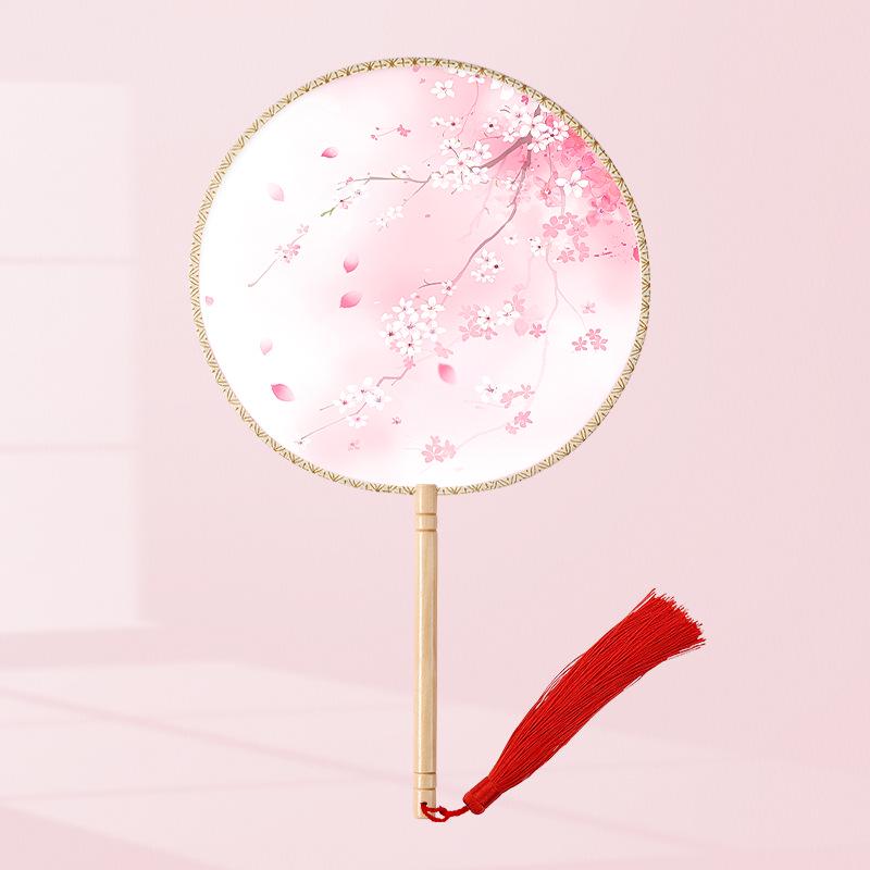 Girls' Summer Hanfu Dance Fan: Long Handle, Double-Sided Embroidered Round Fan for Traditional Costume