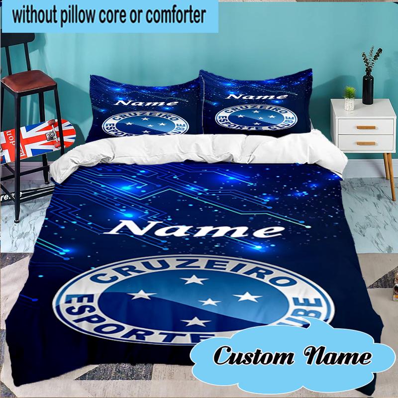Custom Name Blue Stars Cruzeiro Football Bedding Set 3pcs, Bedding Set Including 1pc Duvet Cover And 2pcs Pillowcases for Bedroom, Dormitory Gift