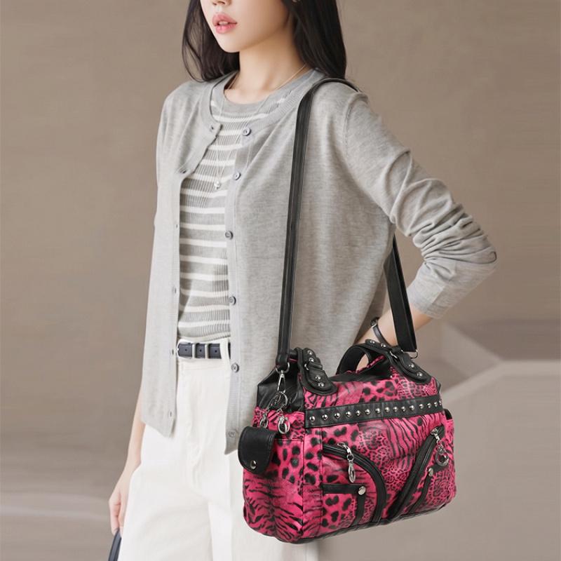 Leopard Print PU Leather Women Tote Shoulder Bag Rivet Decor Multi Pockets Large Capacity Casual Crossbody Handbag