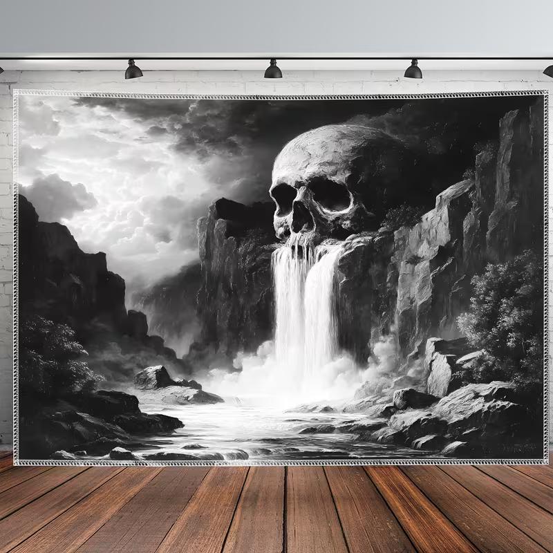 2D Black and White Skull Wall Tapestry Waterfall Background Cloth for Party & Home Decor