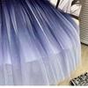 Blue Starry Sky Gradient Mesh Mid Length Skirt Women's Elastic Waist Pleated Skirt   Fantasy Fairy Tales Spring and Summer