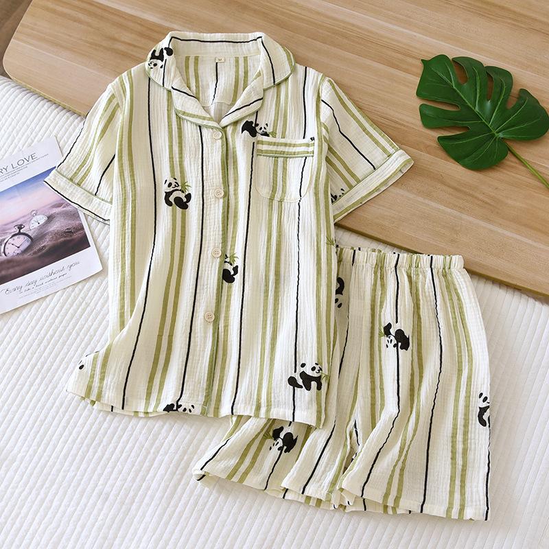 Jednoduché kostkované pyžamové sety pro páry Šortky Pánské Dámské Oblečení na spaní Krátký rukáv Dvojitá gáza Mačkaná bavlna Domácí oblečení