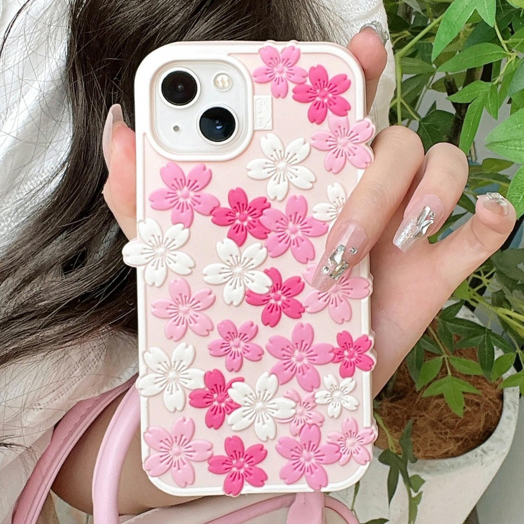 

For iPhone 15 Silicone Case 3D Cherry Blossom Pattern Shockproof Phone Cover As Shown A