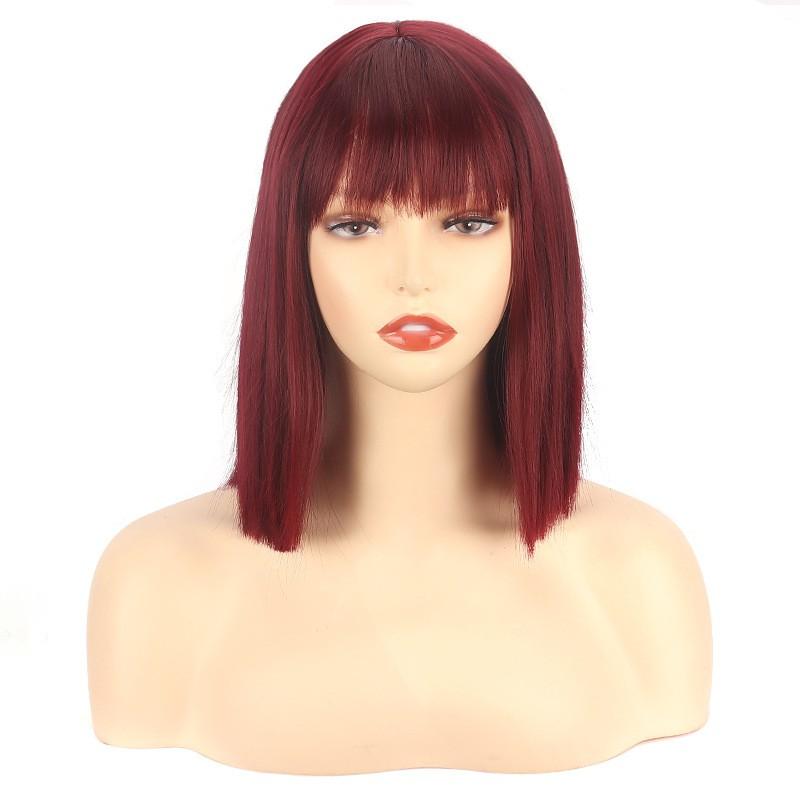Short Bob Wig Women Shoulder-Length Straight Hair Bangs High-Temperature Fiber 14 Inch