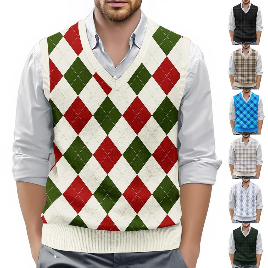 Men's Plaid Printed Sleeveless V-neck Vest Knit Jumper