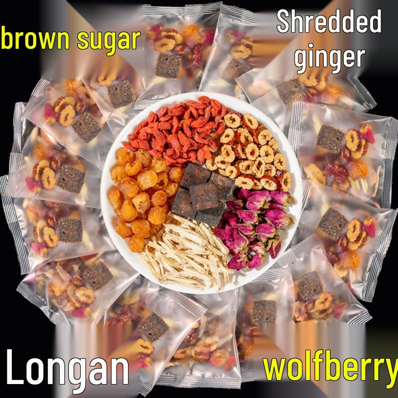 Brown Sugar Ginger Tea Sampler: Red Date, Longan, Goji Berry, Rose, Black Sugar, and Ginger Date Tea with Ginger Candy.
