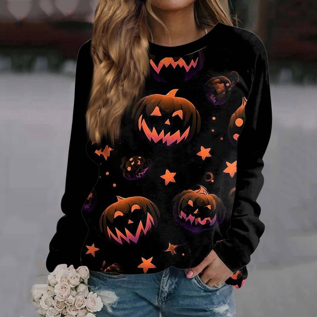 Women's Fashion Casual Long Sleeve Halloween Printed Round Neck Sweater Top