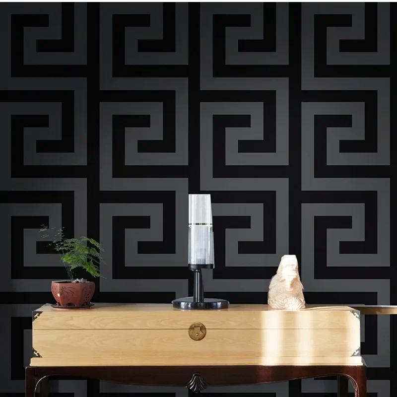 3D Geometric Wall Papers Black Luxury Satin Greek Key Wallpaper Home Decor Non-Self adhesive Wallpaper for Living Room Bedroom