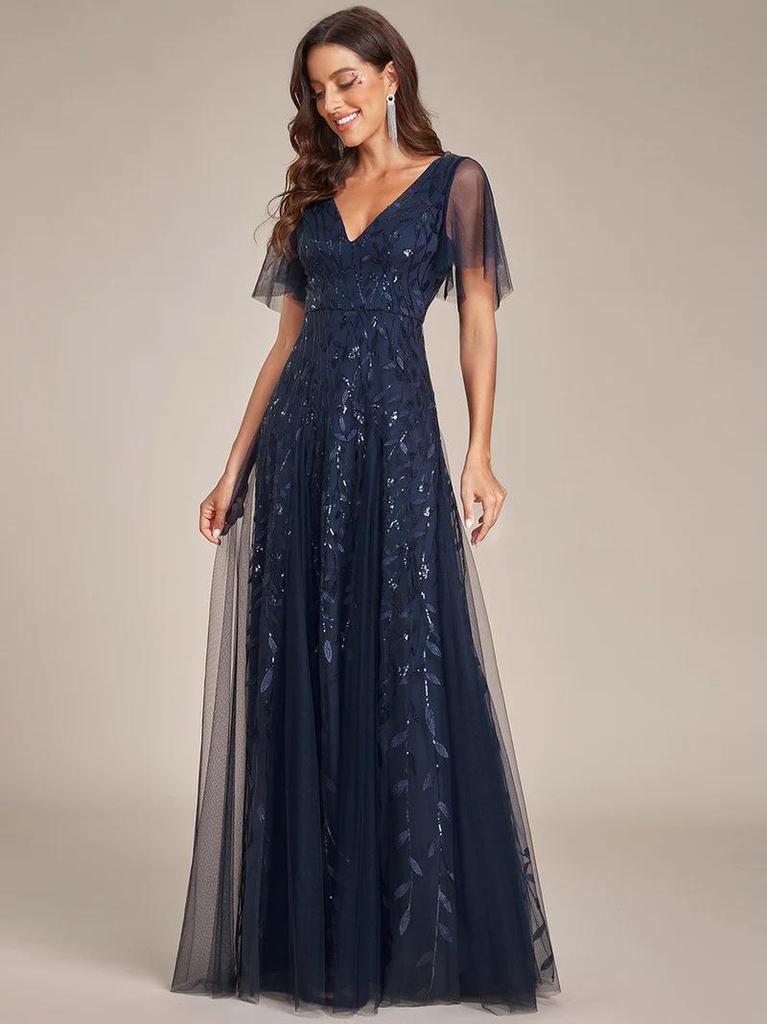 2026 Summer European & American V-neck Patchwork Mesh Evening Gowns for Banquets & Performances