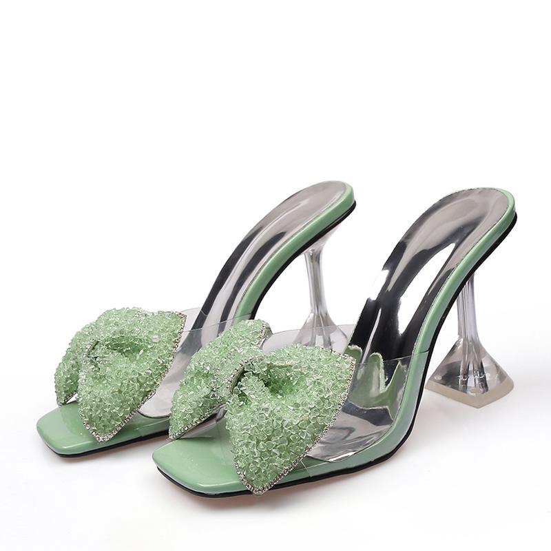

Размер 34-46, летние тапочки для вечеринок, модные зеленые босоножки с бантом на каблуке со стразами, женские туфли с квадратным открытым носком из ПВХ, прозрачные шлепанцы 46 зелёный