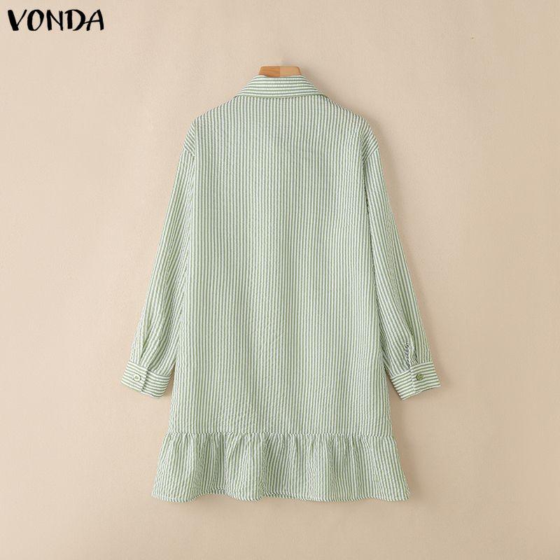 VONDA Women Casual Loose Turn Down Collar Long Sleeve Striped Ruffled Shirt Dress