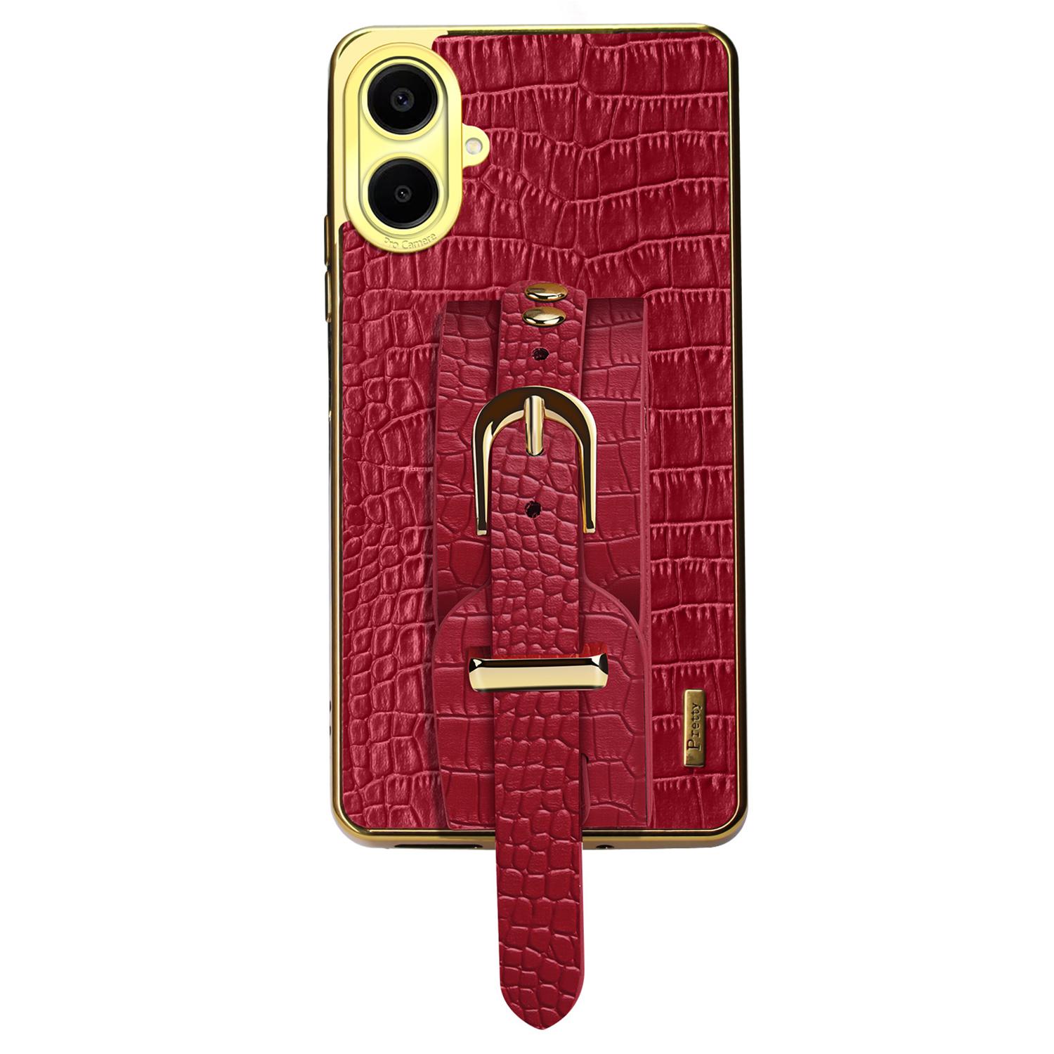 

For Samsung Galaxy A06 4G Case Wristband Kickstand PU Leather+TPU 6D Electroplating Phone Cover Red