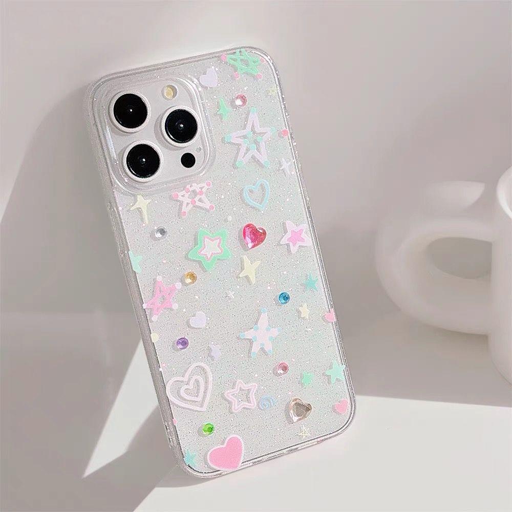 Japan Korean Popular Colorful Cute Star Love Illustration Suitable For IPhone16 15 14 13 12 11 Pro Max 78Plus Fashion INS Shell