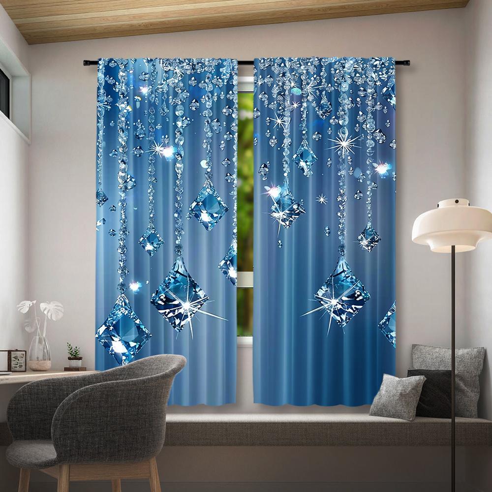 2 יחידות וילונות שקופים כחולים אלגנטיים עם עיצוב אבני חן מנצנצות - כיס מוט   פוליאסטר   שקופים למחצה - אידיאליים לסלון