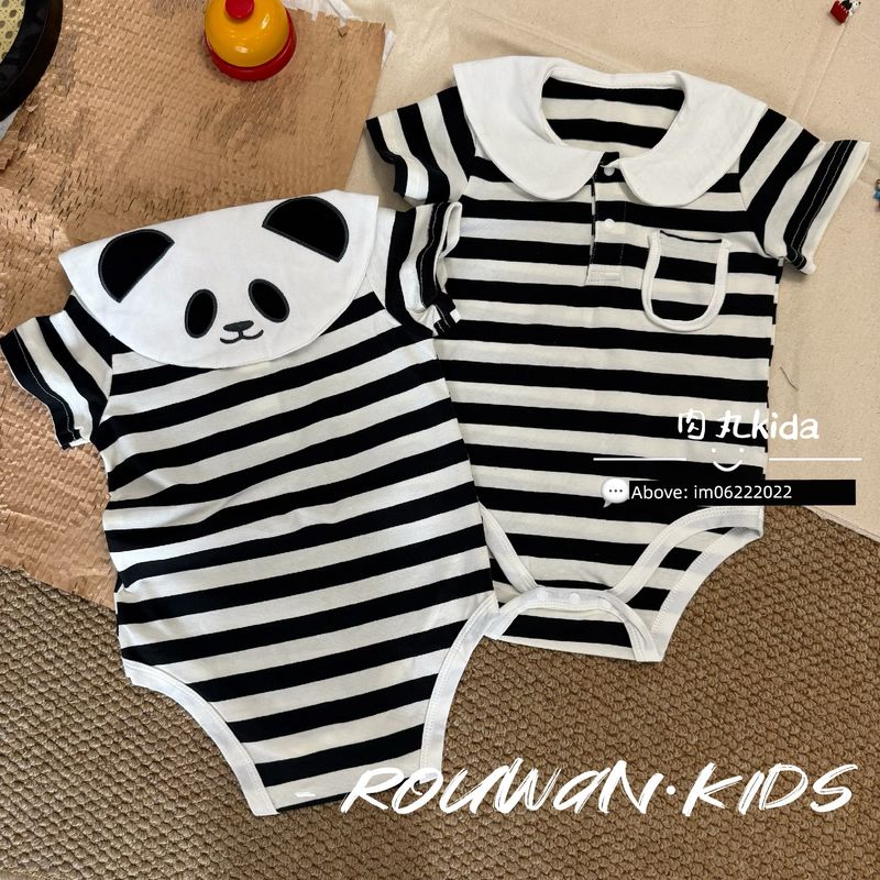 Japanese-Style Summer Baby Pure Cotton Cute Panda Short-Sleeve Romper Striped Onesie Infant Clothing Stylish Triangle clothes 73