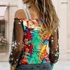 Plus Size Women Asymmetric Shoulder Long Sleeve Top Vibrant Tropical Leaf Print Mesh Lace Splicing Blouse