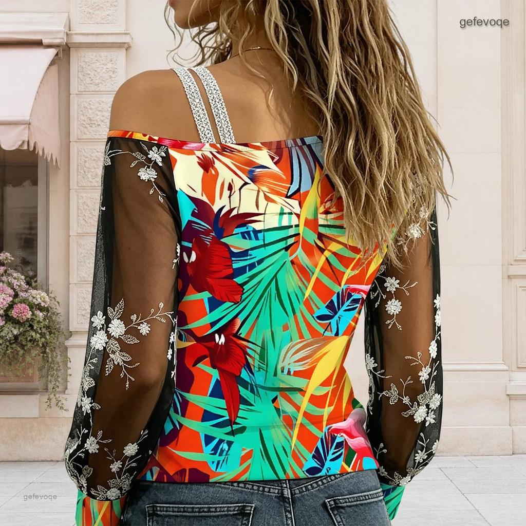 Plus Size Women Asymmetric Shoulder Long Sleeve Top Vibrant Tropical Leaf Print Mesh Lace Splicing Blouse