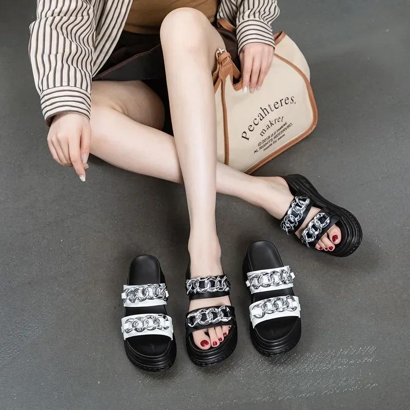 Fashion 7CM Cow Genuine Leather Peep Toe High Brand Sandal Shoes Platform Wedge Synthetic Slippers Women Ladies Summer Fashion