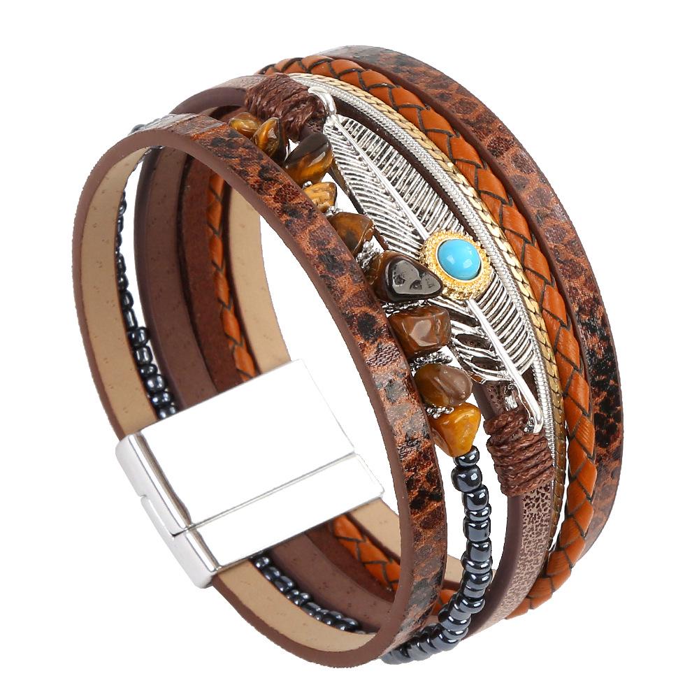 Korean Style Leather Bracelet with Feather & Turquoise for Women & Men