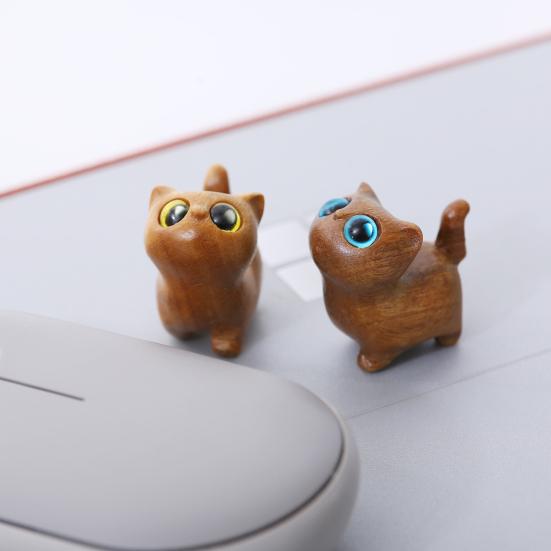 Mini Cat Figurine Hand-carved Wooden Cat Statue Collectible Polished Miniature