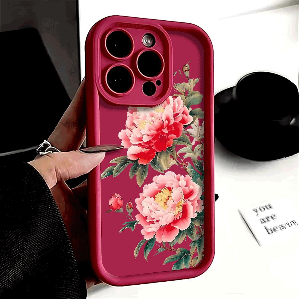 Retro peony Protect Phone Case For iPhone 16 15 Pro Max 14 13 12 11 X XS 15 14 Plus 12 13 Mini Shockproof Trendy soft Cover