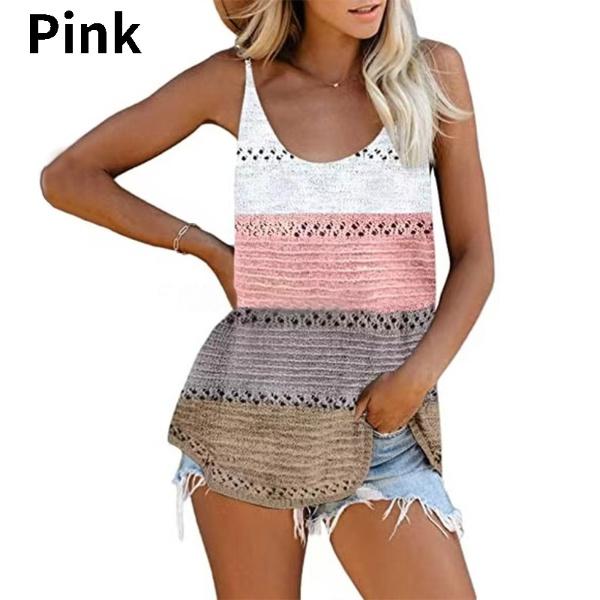 Fashion Women Summer O-Neck Knited Tank Tops Casual Loose Sleeveless Cami Color Block Blouse Shirts Beach Vest Tank Tops Plus Size