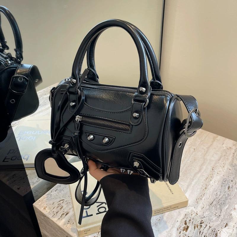 Mini Cylinder Motorcycle Bag Women's Rivet Tassel Three-in-One Pleated Cowhide Single Shoulder Slant Cross Handbags