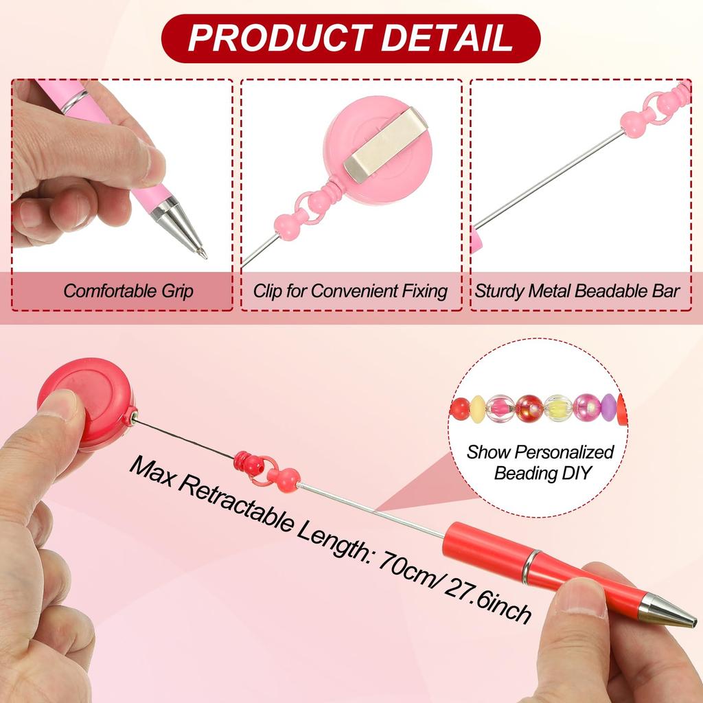 PATIKIL 10pcs Beaded Pens Retractable Badge Reel Beaded Pens Bulk Beaded Ballpoint Pens Black Ink for DIY Making Office Worker Waitress Writing