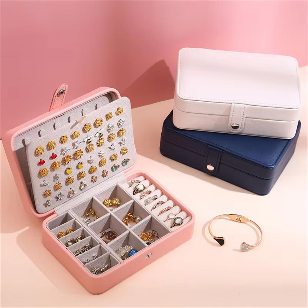Double Layer Jewelry Box Portable Ring Necklace Earrings Organizer PU Leather Storage Case