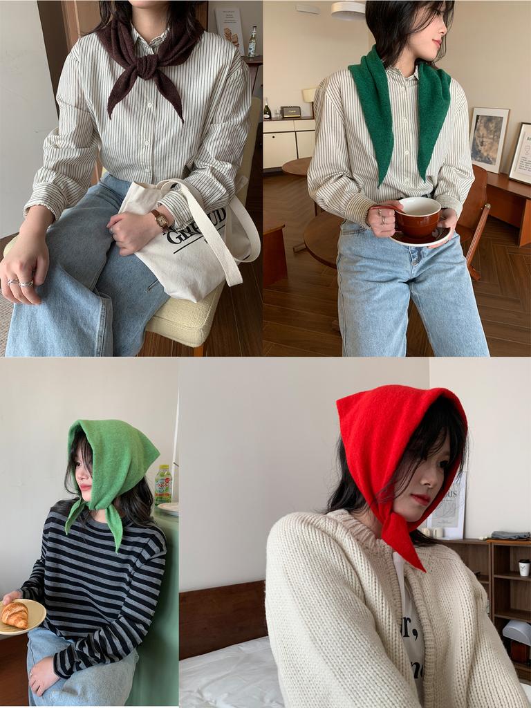 100% Wool Knitted Triangle Perforated Scarf Women's Soft Warm Cross Neck Wrap Fashion Mini Fake Collar Woolen Neck Cover