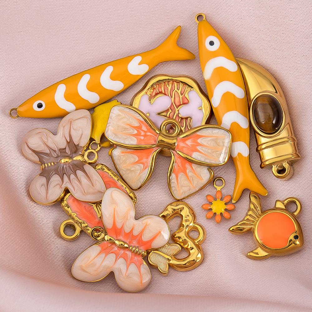2pcs Stainless Steel Orange Enamel Retro Anklet Charm Bohemia Gold Plated Pendant Base for DIY Earring Necklace Jewelry Findings