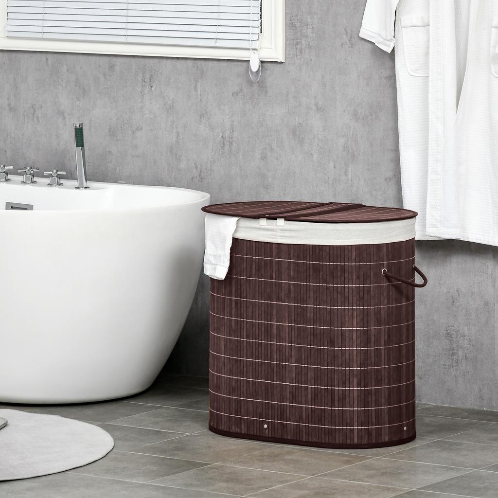 100L Bamboo Laundry Basket with Lid, Washing Basket with 2 Compartments, Handles, Removable Liner, Brown