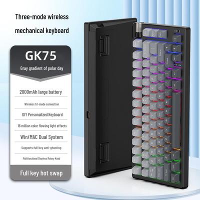 GK75 Wireless Mechanical Keyboard: Three-Mode Bluetooth, RGB Lighting, Blue Switches, Waterproof, for Gaming and Office Use.