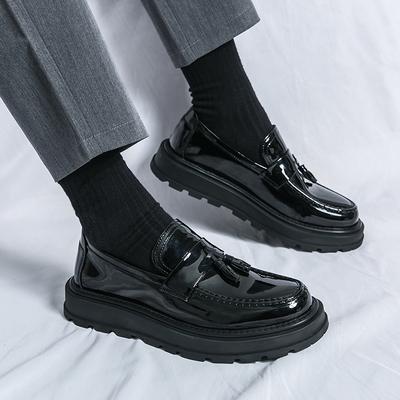 Fashion Fashion Thick Bottom Men's Business Patent Leather Shoes Slip-on Tassel Shoes Student Shoes Office Loafers Black Shoes Kerae