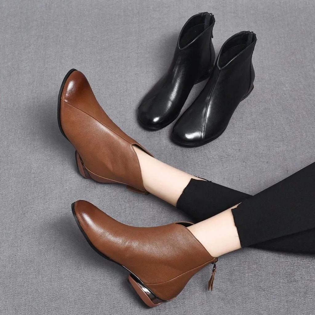 fashion Retro Brown Ankle Boots Elegant Women's Daily Leisure Autumn Winter Warm Booties Mom Back Zip Leather Fur Botas