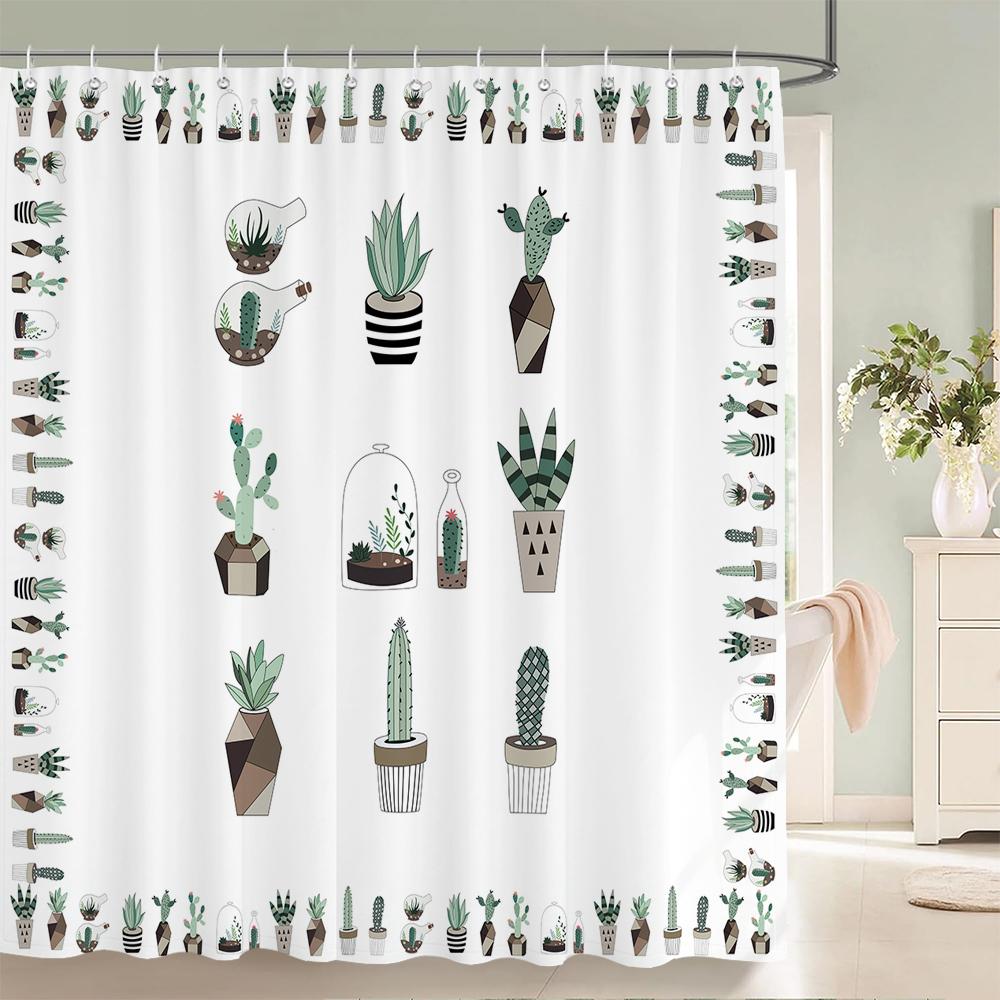 

Tropical Plant Cactus Shower Curtain 180Cm *180Cm With Hooks, Floral Waterproof Shower Curtain, Shower Curtains For Bathroom W60H190(CM)-1 Pcs
